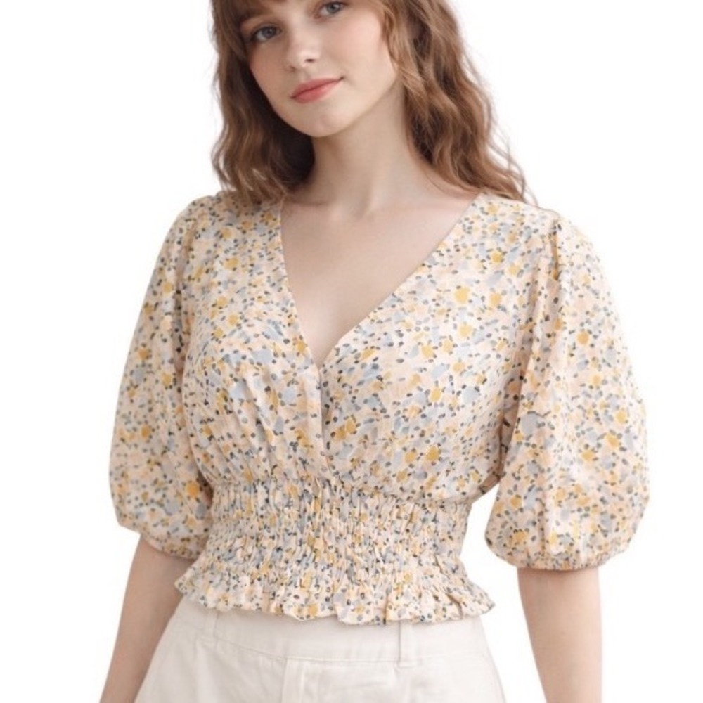 Sim‎ & Sam Women's Lg Floral Print V Neck Smocked Waist Cottagecore Prairie Top
